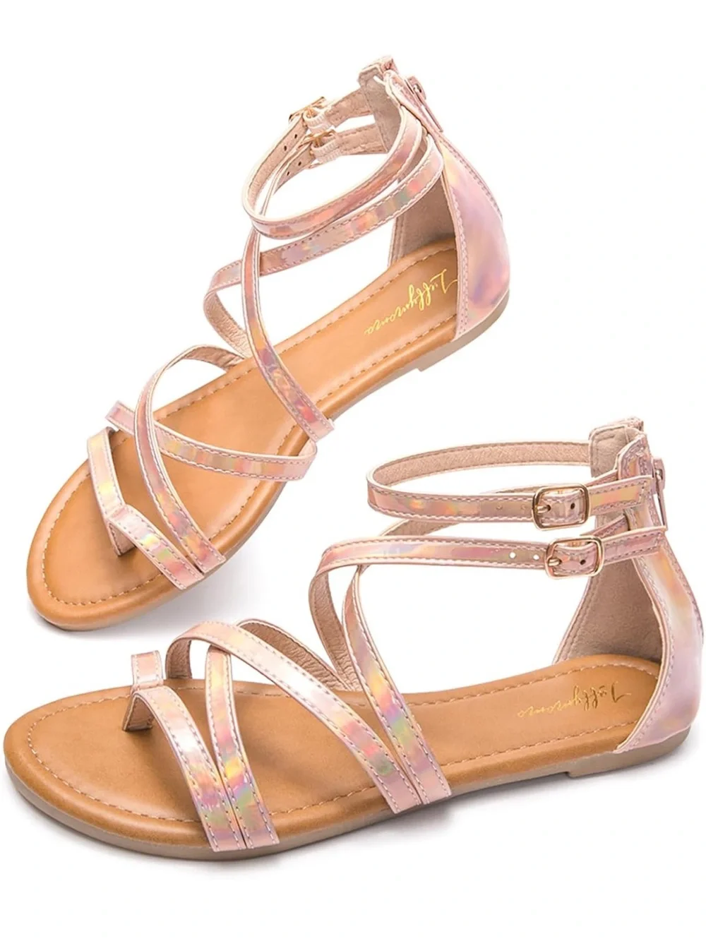 Girls' Pink Holographic Strappy Sandals - Double Ankle Buckle